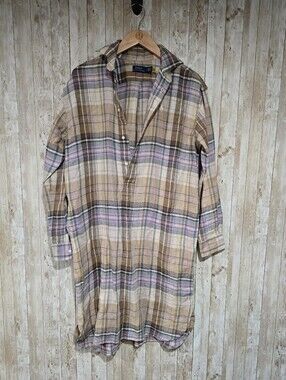 Polo Ralph Lauren Lagenlook Plaid 100% Linen Shirt Dress 2 Oversized Pony